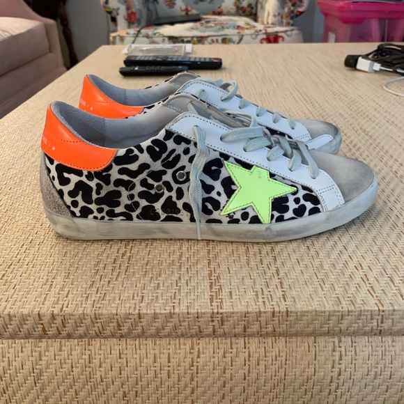 Golden Goose Superstar sneakers. B&W print w neon yellow & orange accents. EUC. - Picture 2 of 9